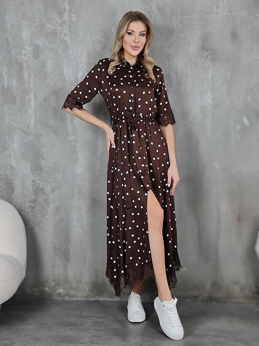 Платье Imperial рукав 3/4 в горох с поясом шоколад 