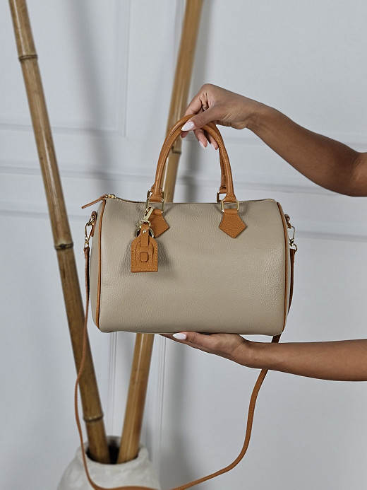 Сумка из натуральной кожи мокко с бежевой вставкой большая