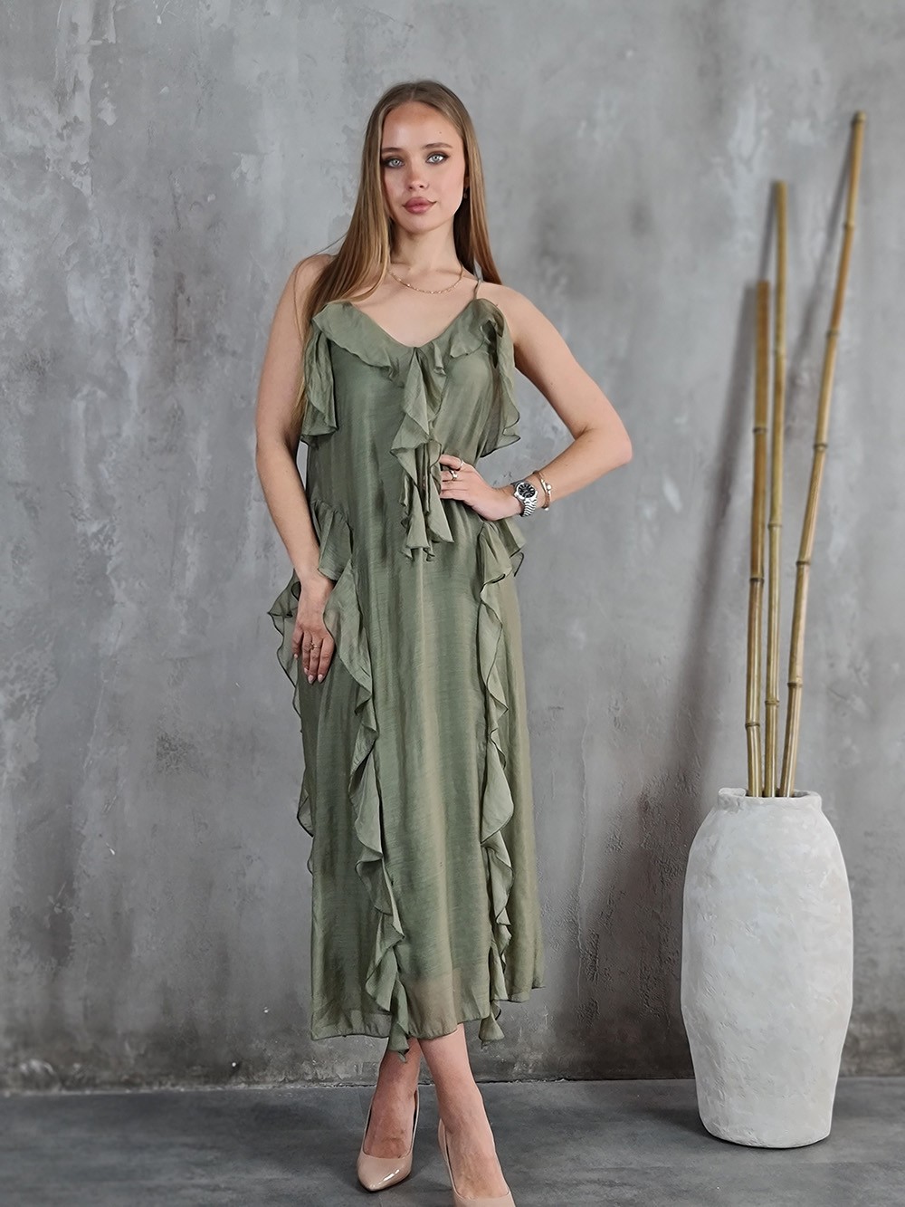Платье CLOTHÉ с рюшами хаки, фотография №1