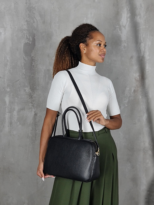 Сумка с карманом на замке нат.кожа черная