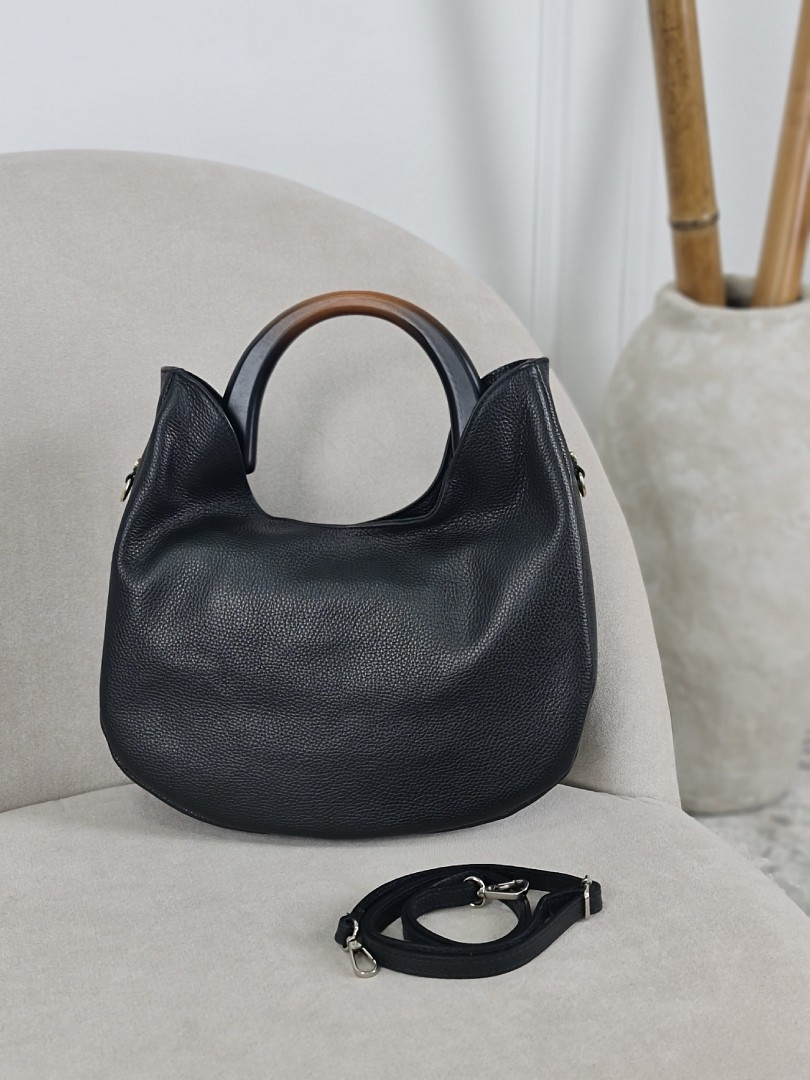 Сумка My Little Italy натуральная кожа с деревянной ручкой черная, фотография №1